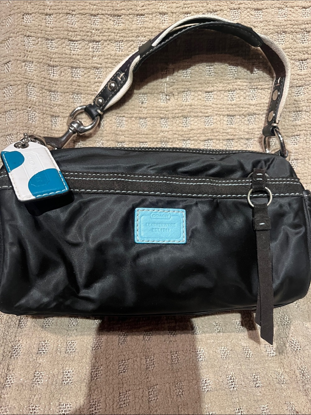 Coach Black Nylon weathervane Shoulder Bag with Light Blue Accents